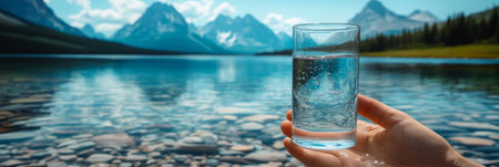 Refreshing Glass Of Water With Scenic Mountain Lake View, Perfect For Health And Wellnessの素材