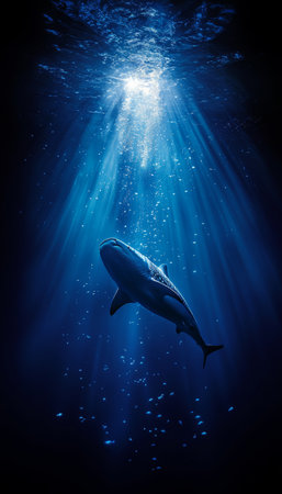 Majestic Shark Swimming in Sunlit Blue Depths with Abundant Marine Life, Premium Stock Photoの素材