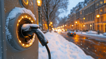 EV Charging Station in Winter Wonderland. Electric Vehicle Plugged In. Sustainable Transportation.の素材