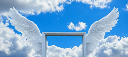 White Angel Wings Framing Open Doorway In Cloudy Blue Sky, Concept Of Hope And Spiritualityの素材