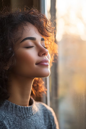 Serene Woman Finding Inner Peace, Meditation with Closed Eyes, Soft Sunlight Wellness Conceptの素材