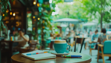 Cozy cafe vibes Notebook, colorful pens cappuccino on table, blurred background of summer streetの素材