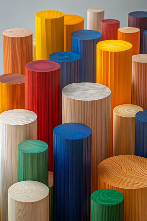 Colorful Collection of Wooden Dowels, Vibrant Construction Materials on an Abstract Backgroundの素材