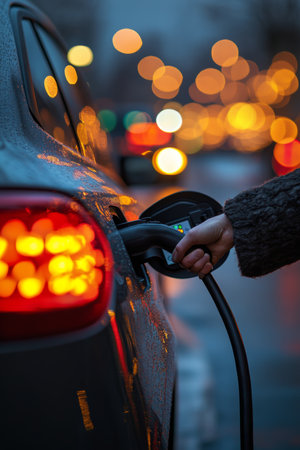 Electric Vehicle Charging at Dusk, City Lights Blur, Sustainable Transportation, Urban Mobilityの素材