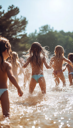 Carefree Childhood Fun Children Splash and Play in Summertime Lake, Embracing Joy and Friendshipの素材