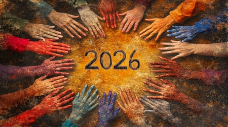 United Hands Forming The Year 2026, Symbolizing Diversity And Inclusion For The Future.の素材