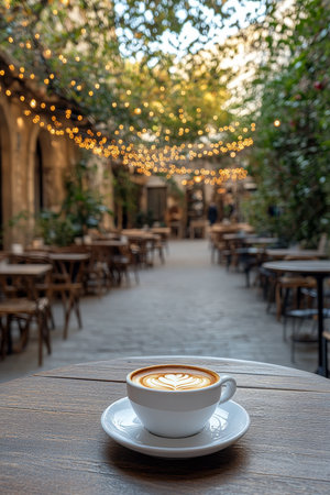 Cozy Outdoor Cafe with Festive String Lights, Blurred Background, and Copy Space on Tableの素材