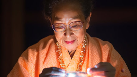 Golden Years, Precious Memories Senior Woman s Nostalgic Journey Through Time With Old Photographの素材