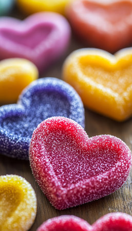 Colorful Valentine s Day Candies Sweet Treats In Heart Shapes On A Rustic Wooden Backgroundの素材