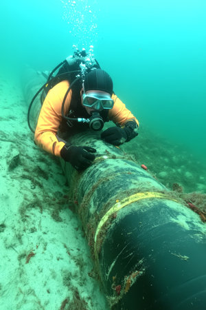 Underwater Inspection Scuba Diver Examines Submerged Cable for Data Transmission on Ocean Floorの素材