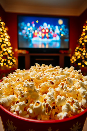 Festive Family Christmas Movie Night Popcorn, Twinkling Lights, and the Warm Glow of the Televisionの素材