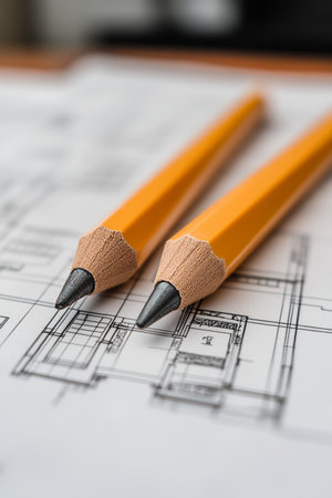 Architectural blueprint drawing with two black pencils, construction and architecture concept.の素材