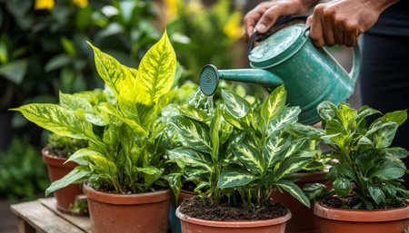 Close-up of Person Watering Vibrant Green Houseplants, Perfect for Home Decor and Gardeningの素材