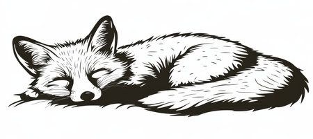 Sleeping Fox Black and White Line Art Illustration for Coloring Book or Design Elementの素材