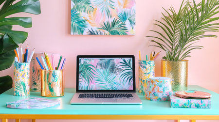 Stylish Tropical Home Office, Laptop, Stationery, Plants, Workspace Inspiration, Productivityの素材