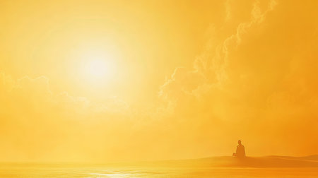 Golden Sunset Serenity, Meditation Silhouette, Peaceful Tranquility in a Vast Desert Landscapeの素材