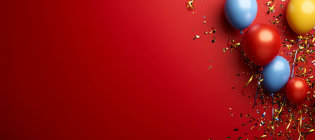 Festive Red Background With Colorful Balloons And Golden Confetti For Birthday Or Party Celebrationの素材