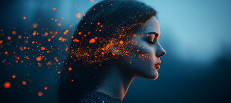 Woman. Side Profile. Glowing Particle Trails. Hair. Conceptual Photography, Digital Artの素材