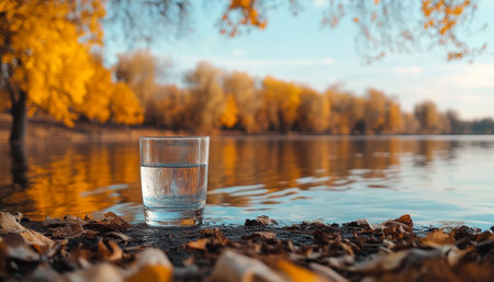 Crystal Clear Glass of Water by Tranquil Autumn Lake with Ripples, 85-100 Charactersの素材