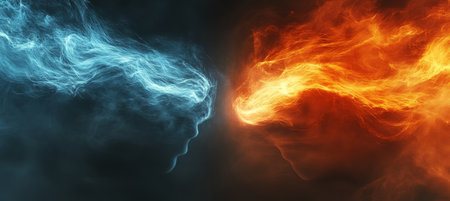 Abstract Female Profile Formed by Flowing Red and Blue Energy, Symbolic of Fire and Ice or Dualityの素材