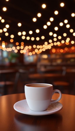 Cozy Cafe Ambiance with Coffee Cup, Festive String Lights Bokeh and Blurred Interior Backgroundの素材