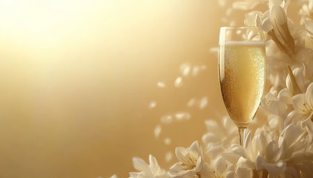 Golden Celebration Background, Sparkling Wine Glass, Delicate Petals, Festive Atmosphere, Copy Spaceの素材