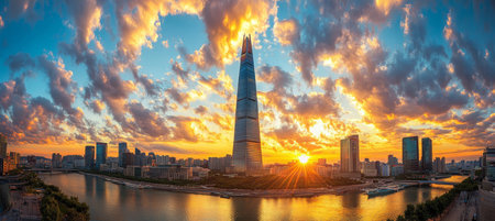 Seoul Skyline with Modern Skyscraper at Sunset, Reflection, Financial District ,South Koreaの素材