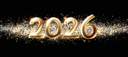 2026 Golden Numbers on a Black Background With Sparkle, Glitter, and Confetti for New Year s Eveの素材