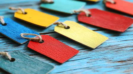 Colorful Sale Tags on Rustic Blue Wood A Retail Background for Promotions and Discountsの素材