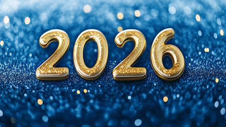 Golden 2026 Numbers on Sparkling Blue Background A Festive New Year Celebration Imageの素材