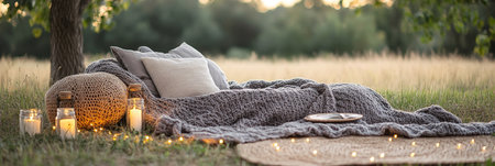 Cozy Outdoor Relaxation Setting with Knitted Blankets, Pillows, and Sparkling Fairy Lightsの素材