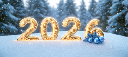 Golden Year 2026 In Snowy Forest Blue Ornaments and Fir Branch Symbolize Festive Celebrationの素材