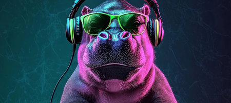Close-Up Cool Neon Illuminated Party DJ African Hippo In Wireless Headphones And Sunglasses.の素材