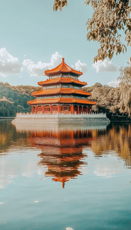Traditional Chinese Pagoda Reflected In Serene Lake, Harmony of Architecture And Natureの素材