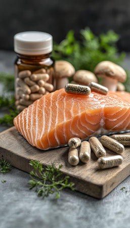 Fresh Salmon Fillet, Herbal Supplements, and Mushrooms on Rustic Wood Healthy Diet Conceptの素材