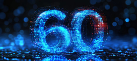 Glowing Digital Number 60 on a Futuristic Abstract Technology Background with Copy Space.の素材