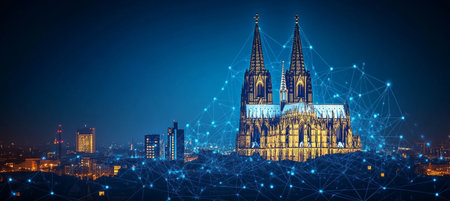 Cologne Cathedral, Germany, Illuminated at Night with Abstract Digital Network Overlay.の素材