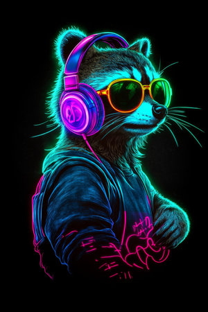 Cool Neon Raccoon DJ Wearing Headphones and Sunglasses, Isolated on Black Background.の素材
