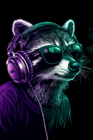 Neon Lit DJ Raccoon Cool Party Animal. Stylish Illustration Against a Black Backgroundの素材