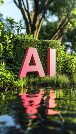 3D Pink AI Letters on Reflective Surface with Water Background, Concept of Artificial Intelligenceの素材