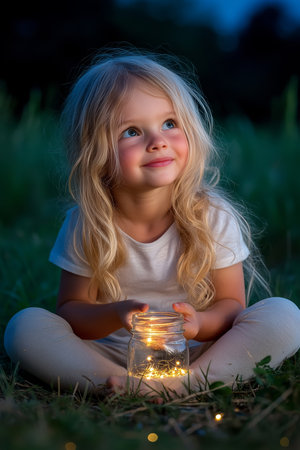 Little Girl, Illuminated by Fireflies in a Jar, Enjoys a Magical Summer Evening Outdoors.の素材