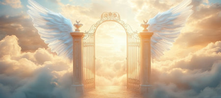 Open Heaven s Gate with White Angel Wings, Symbolizing Hope and Transition in Cloudy Skyの素材