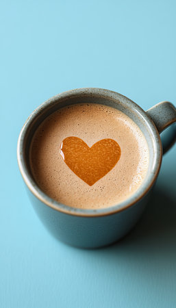 Aromatic Latte Art. Close-Up Of Heart Shape Made With Frothed Milk In Light Blue Cup on Aquaの素材