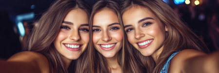 Three Gorgeous, Young Ladies Smile for the Camera on a Night Out, Capturing a Fun Memory.の素材