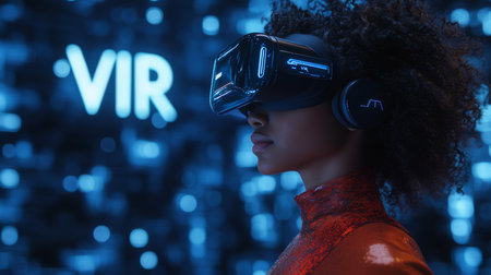 Immersed in Virtual Reality Woman Explores the Metaverse, Immersive Digital Technology.の素材