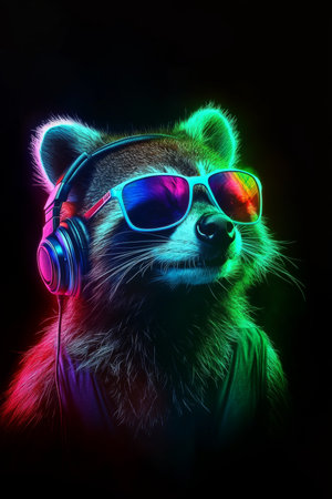 Cool Neon Party Raccoon DJ Wearing Headphones And Stylish Sunglasses, Isolated On Black Backgroundの素材