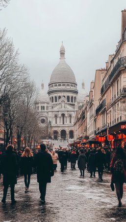 People Walking on Cobblestone Street Leading to the Majestic Sacre Coeur Basilica in Paris, Franceの素材