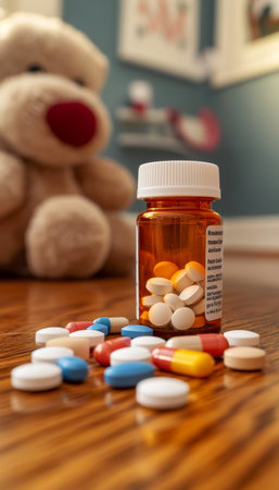 Spilled Pills Dangers Of Accidental Medication Ingestion By Children, Safety Concept.の素材