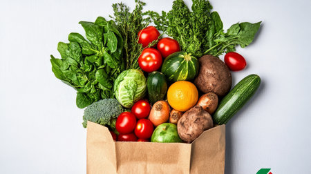 Fresh, Organic Produce Overflowing from a Brown Paper Bag, Isolated on White Background.の素材