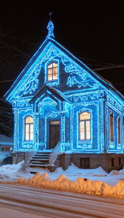 Wooden House Decorated with Glowing Blue Lights for Christmas Celebration in Winter Nightの素材